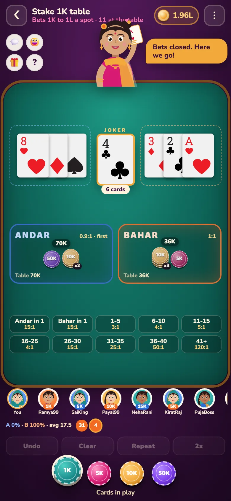 Andar Bahar on a phone: the hostess, joker, Andar and Bahar pockets with chips, side bets and the chip rack