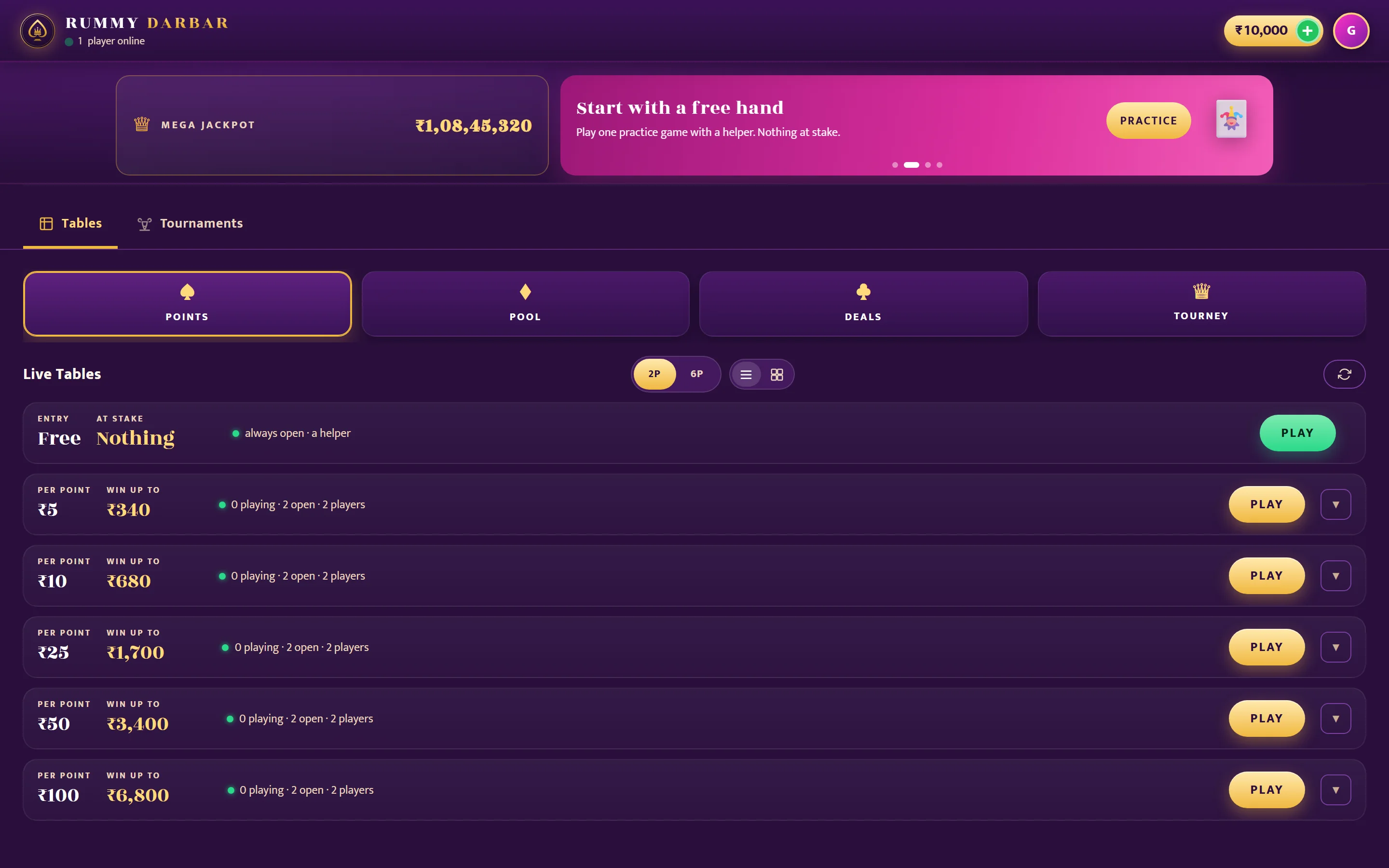 Desktop lobby with jackpot, tournaments banner and live tables
