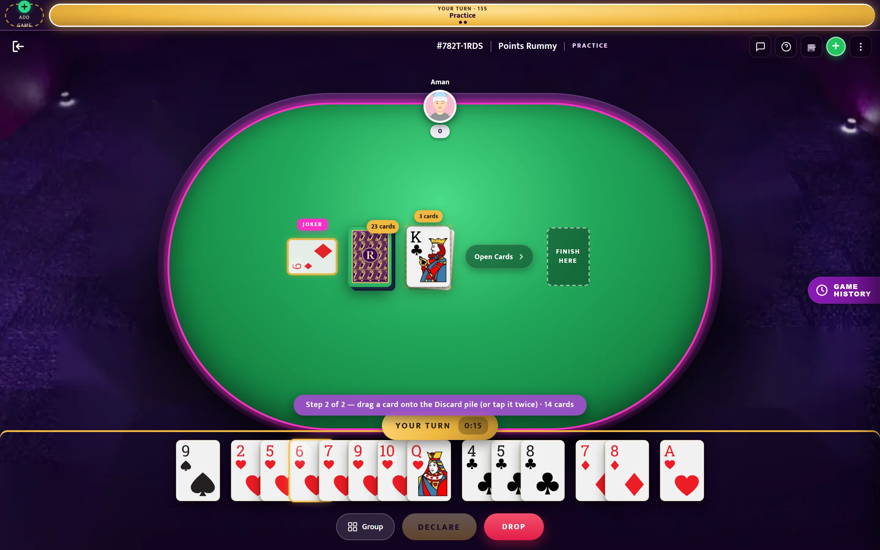 Rummy table on desktop: 13-card hand, open deck, joker, declare and drop buttons