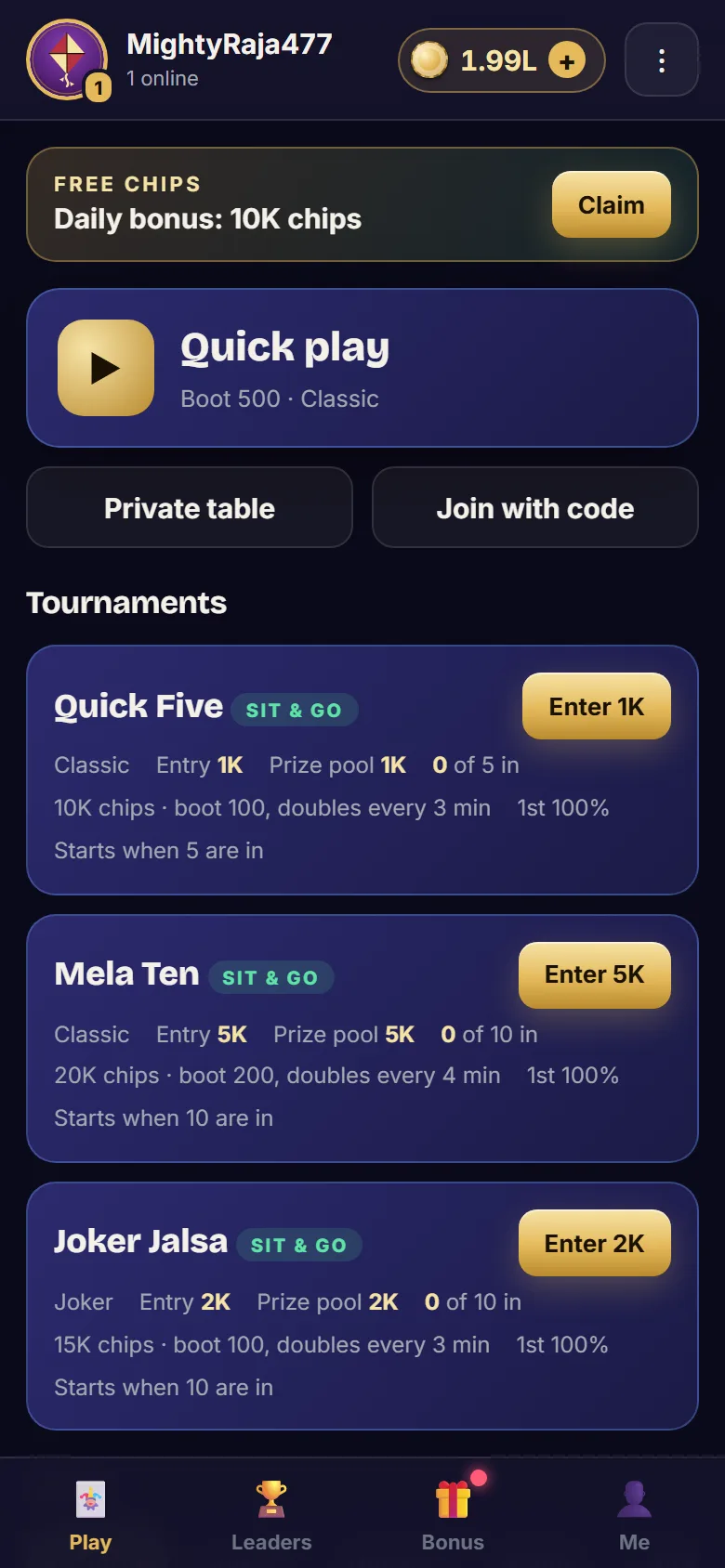 Lobby of the Teen Patti Android app