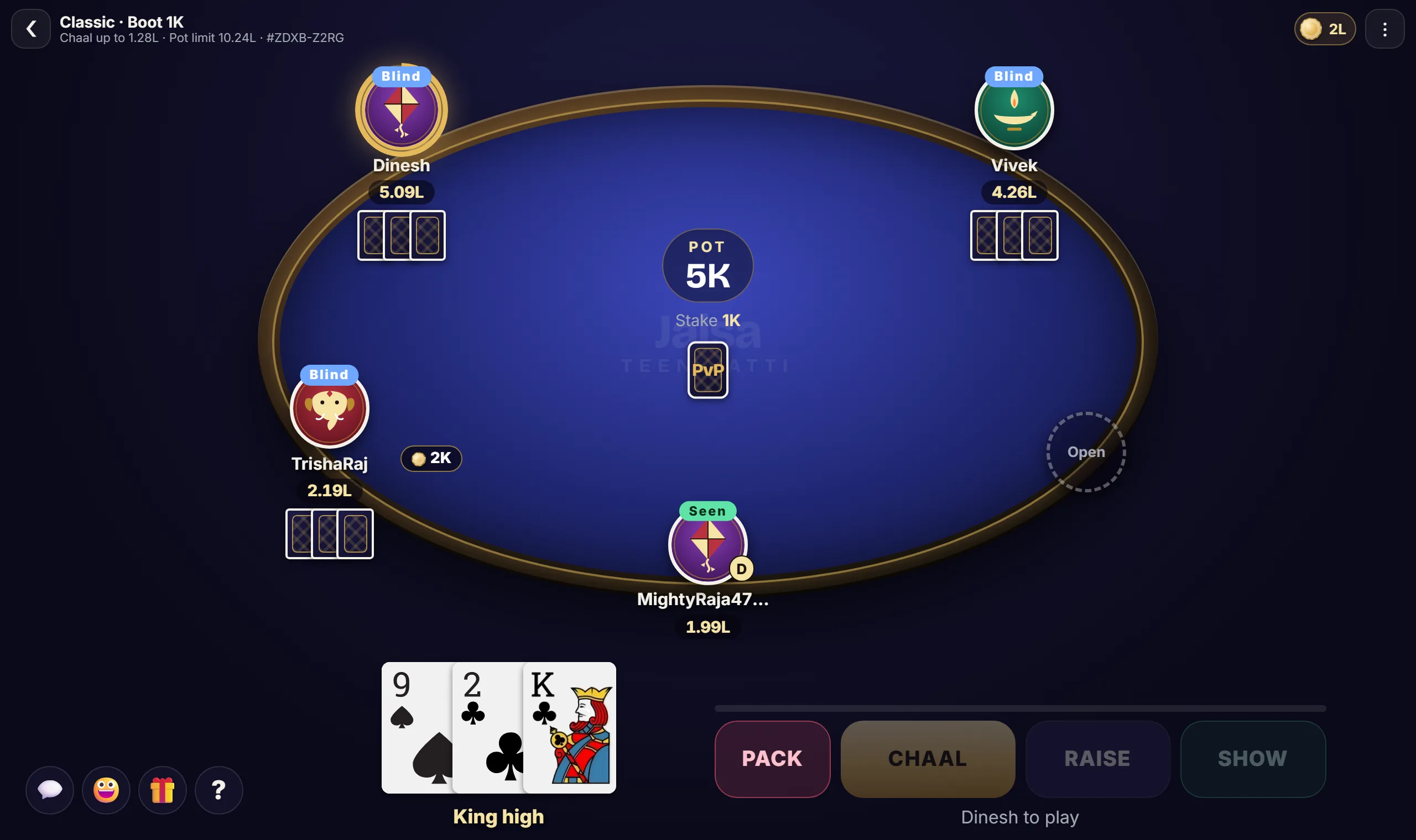 Teen Patti table on desktop: five seats, pot, your three cards, pack, chaal, raise and show