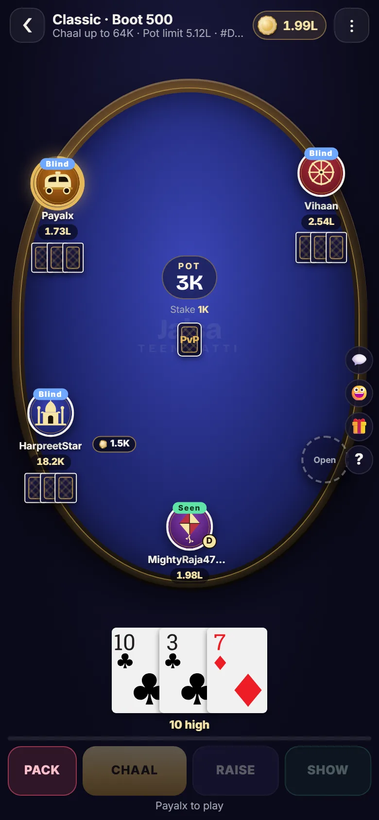 Teen Patti table on a phone: your three cards open, the pot and the action bar